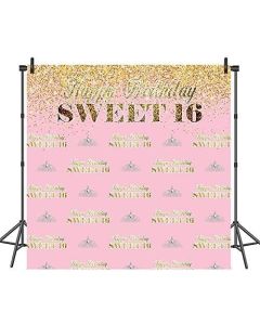 COMOPHOTO Sweet 16th Photo Backdrop 8x8ft Birthday Party Banner Pink Gold Backdrops for Photography Step and Repeat Decorations