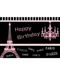 Haoyiyi 5x3ft Happy Birthday Photography Backdrop Pink Paris Eiffel Tower France City Landmark Chandelier Black and White Striped Pattern Background Girl Woman Adult Birthday Party Decor Photo Props