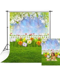 MEHOFOTO Happy Easter Spring Photography Backdrop Grassland Flowers Colorful Eggs Blue Sky Bokeh Fence Grass Floral Garden Child Portrait Photo Studio Booth Background 5x7ft
