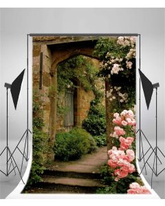 AOFOTO 6x8ft Vintage Garden Flowers Backdrop Blossoms Photography Background Medieval Castle Shabby Brick House Girl Adult Artistic Portrait Travel Photo Shoot Studio Props Video Drop Wallpaper Drape