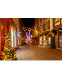 Haoyiyi 8x6ft Christmas Photography Background Christmas Tree Ornaments in Old French Town Street Night Background for Xmas Eve Winter Party European Architecture Photo Portrait Booth Props