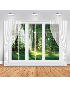 ZARROUEA 7x5ft Spring Window Scenery Backdrop Green Grass Forest Natural Scenery White Windowsill Photography Background Portrait Photography Studio Decoration Banner Photo Shoot Booth