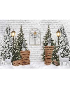Funnytree 7x5ft Christmas Winter Backdrop for Photography Xmas Tree Snow White Brick Wall Background Party Decoration Banner Baby Birthday Photo Booth Studio Mini Session Props