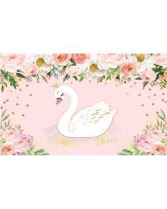 Funnytree White Swan Photography Backdrop for Birthday Baby Shower Party Decoration Pink Floral Gold Crown Background Photo Booth
